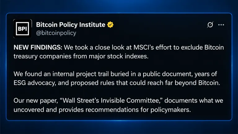 MSCI Rule Puts Strategy at Risk, Says Bitcoin Policy Institute Paper